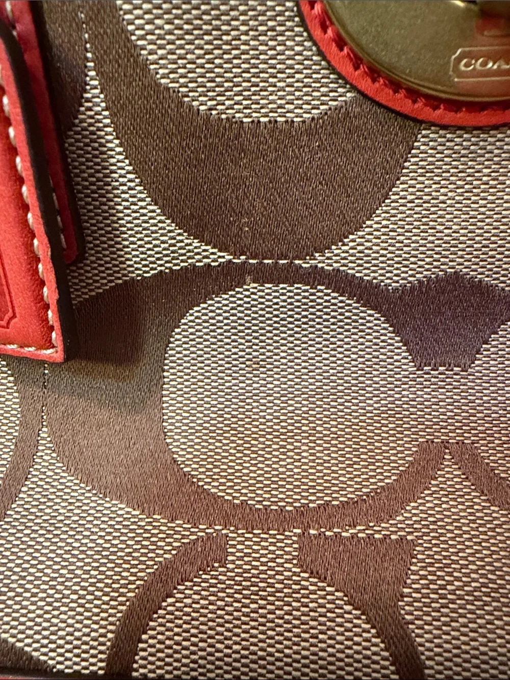 Coach Beige Signature Satchel with Coral Leather Trim and Coral Scarf